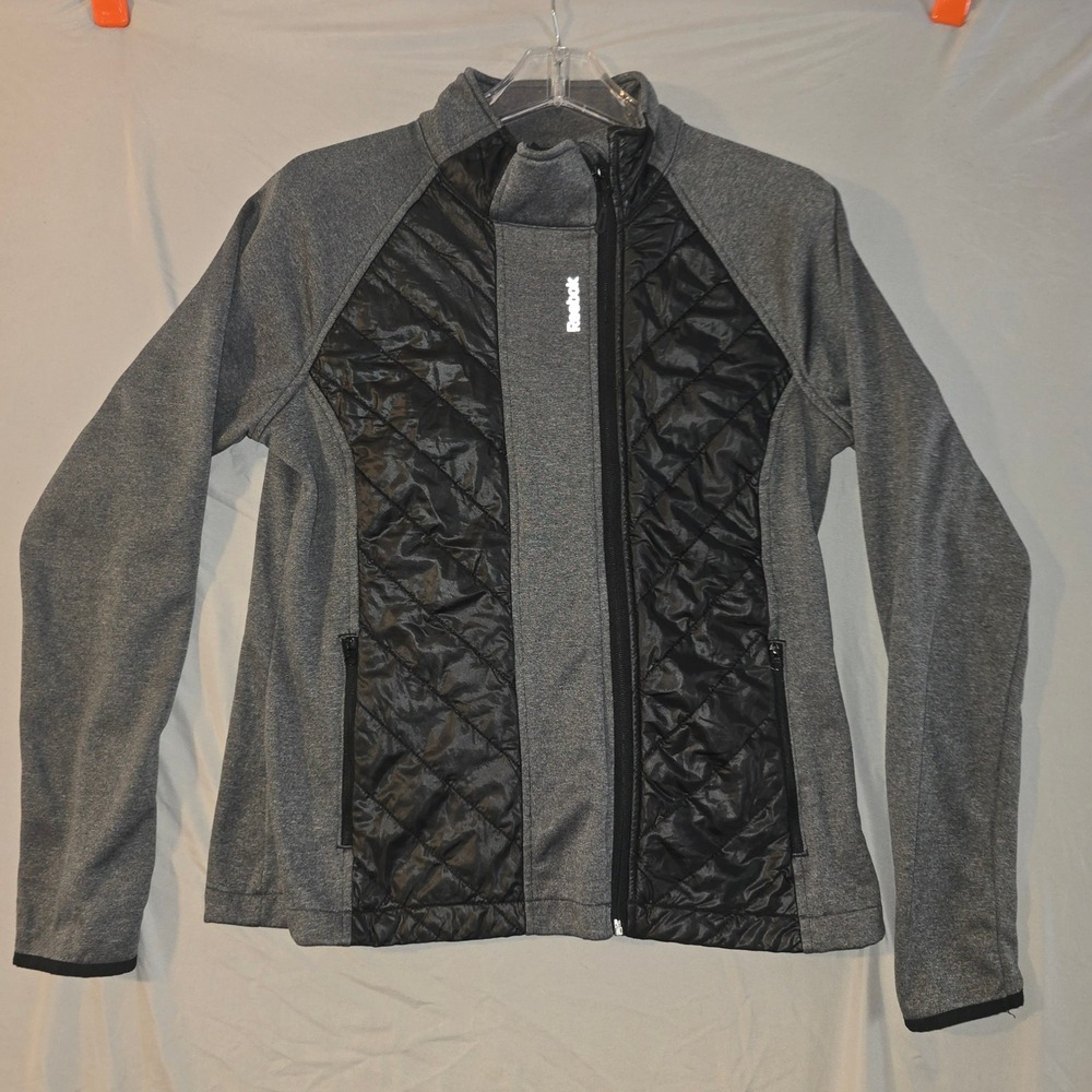 Reebok Hybrid Puffer Jacket Large Womens Grey Black Quilted Full Zip Thumbholes
